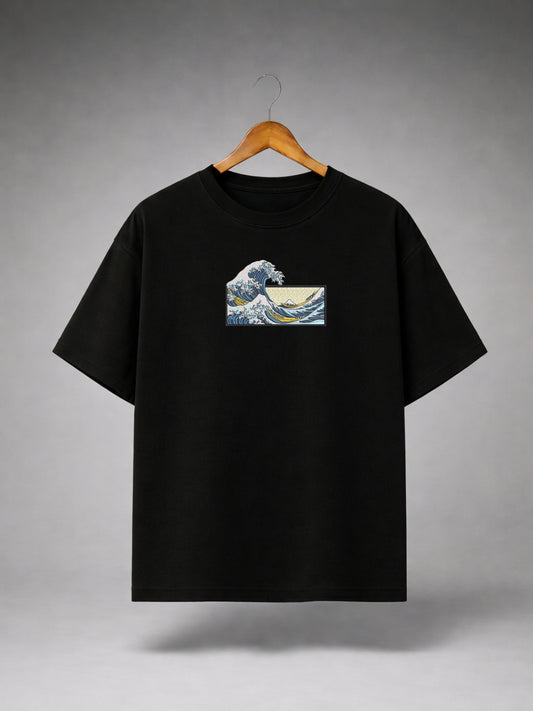 Black Oversized Japanese Wave Graphic T-Shirt for Men & Women | Minimal Ocean Art Premium Unisex Tee
