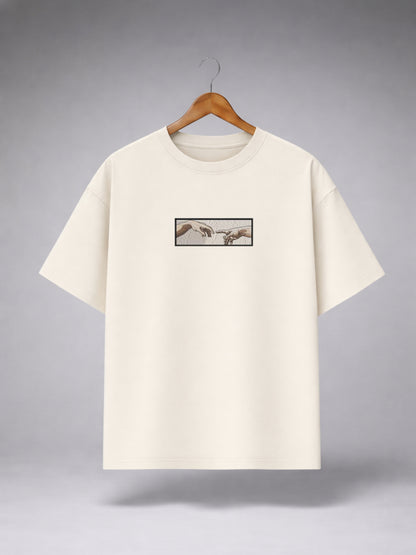 Off White Oversized Creation of Adam Graphic T-Shirt for Men & Women | Minimal Art Print Premium Unisex Tee