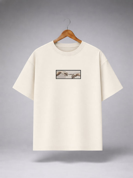 Off White Oversized Creation of Adam Graphic T-Shirt for Men & Women | Minimal Art Print Premium Unisex Tee