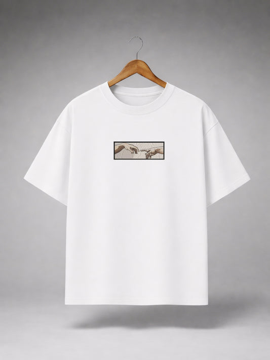 White Oversized Creation of Adam Graphic T-Shirt for Men & Women | Minimal Renaissance Art Premium Unisex Tee