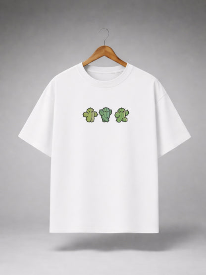 White Oversized Cute Cactus Graphic T-Shirt for Men & Women | Minimal Cartoon Print Premium Unisex Tee
