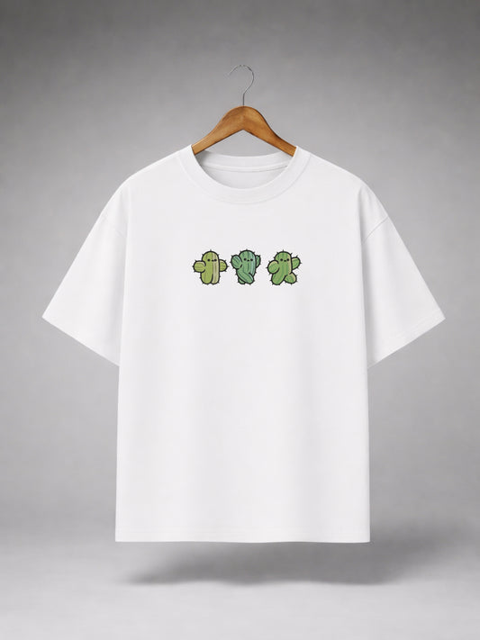 White Oversized Cute Cactus Graphic T-Shirt for Men & Women | Minimal Cartoon Print Premium Unisex Tee