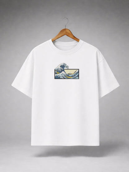 White Oversized Japanese Wave Graphic T-Shirt for Men & Women | Minimal Ocean Art Premium Unisex Tee