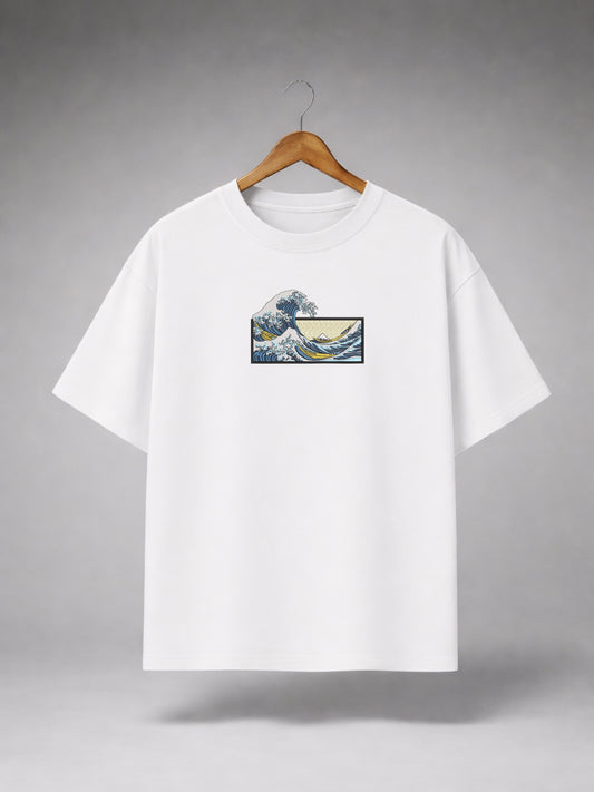 White Oversized Japanese Wave Graphic T-Shirt for Men & Women | Minimal Ocean Art Premium Unisex Tee