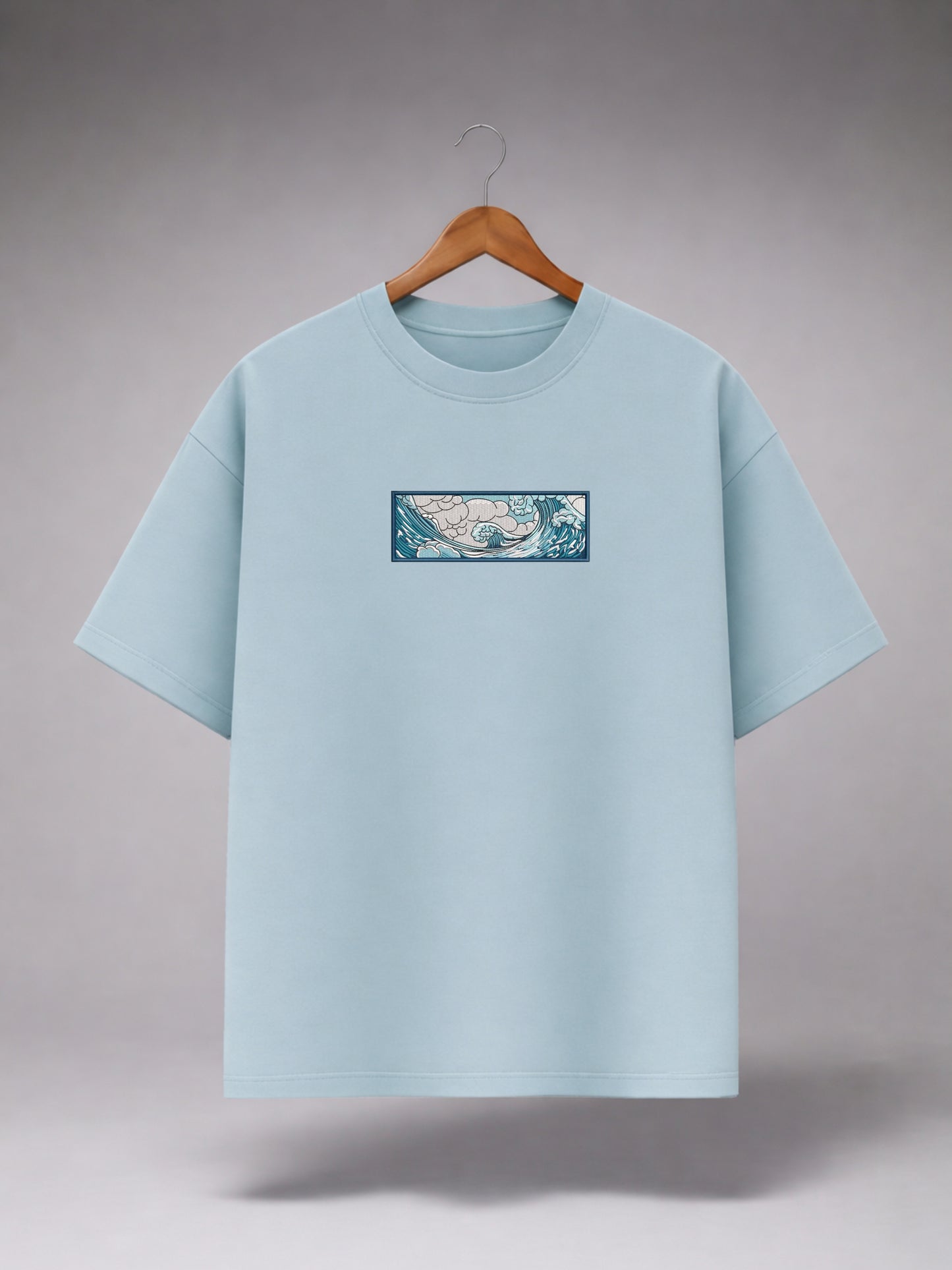 Light Blue Oversized Graphic T-Shirt for Men & Women | Minimal Ocean Wave Print | Premium Cotton Unisex Tee