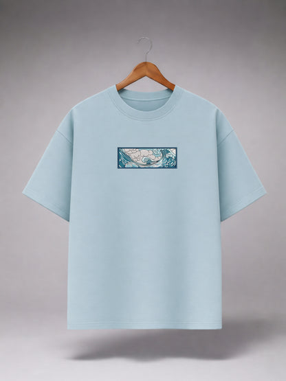 Light Blue Oversized Graphic T-Shirt for Men & Women | Minimal Ocean Wave Print | Premium Cotton Unisex Tee
