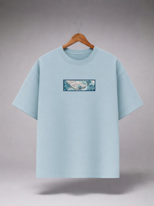 Light Blue Oversized Graphic T-Shirt for Men & Women | Minimal Ocean Wave Print | Premium Cotton Unisex Tee