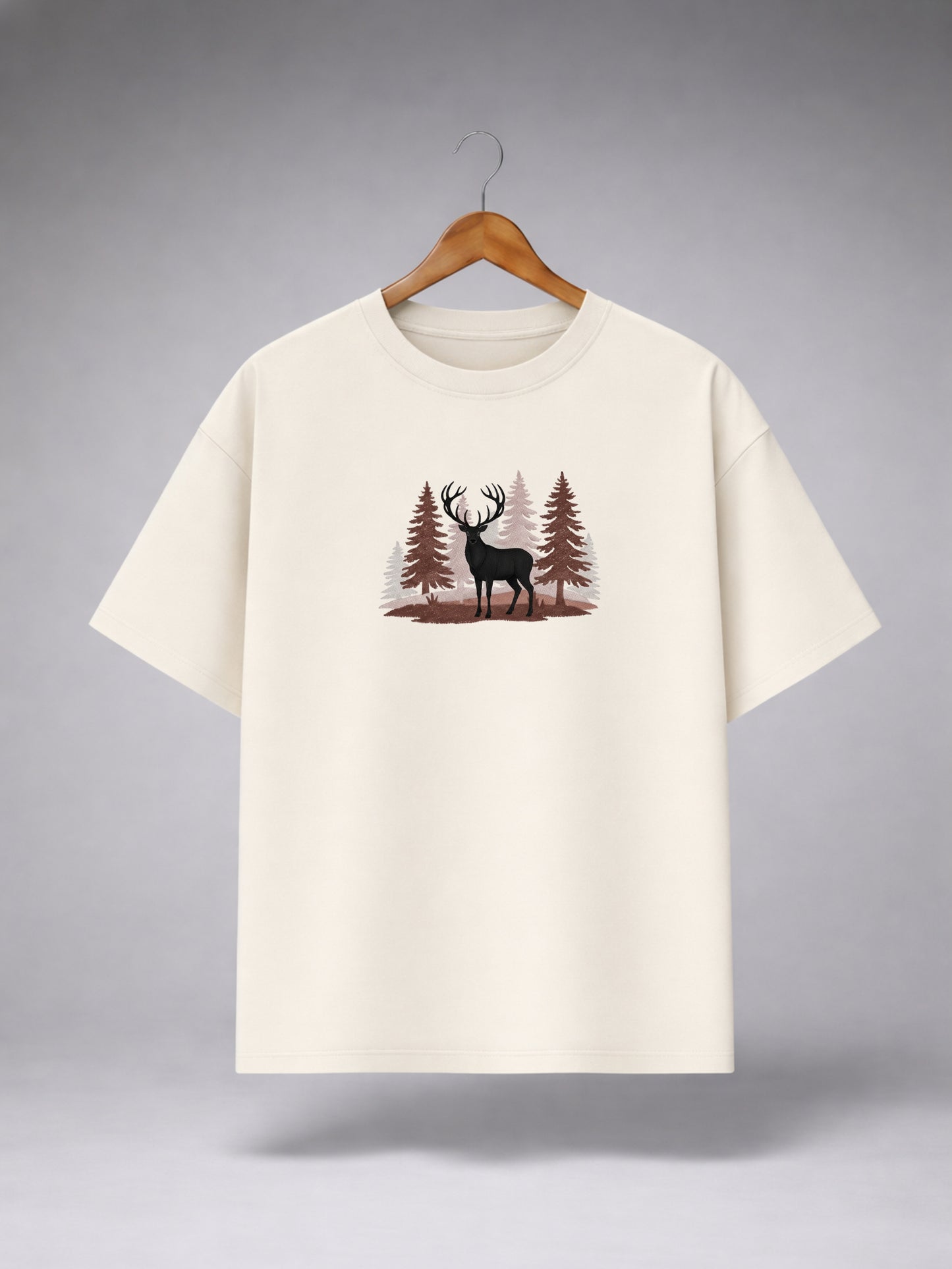 Off White Oversized Deer Forest Graphic T-Shirt for Men & Women | Nature Print Premium Unisex Tee