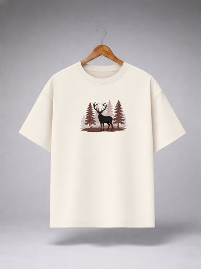 Off White Oversized Deer Forest Graphic T-Shirt for Men & Women | Nature Print Premium Unisex Tee