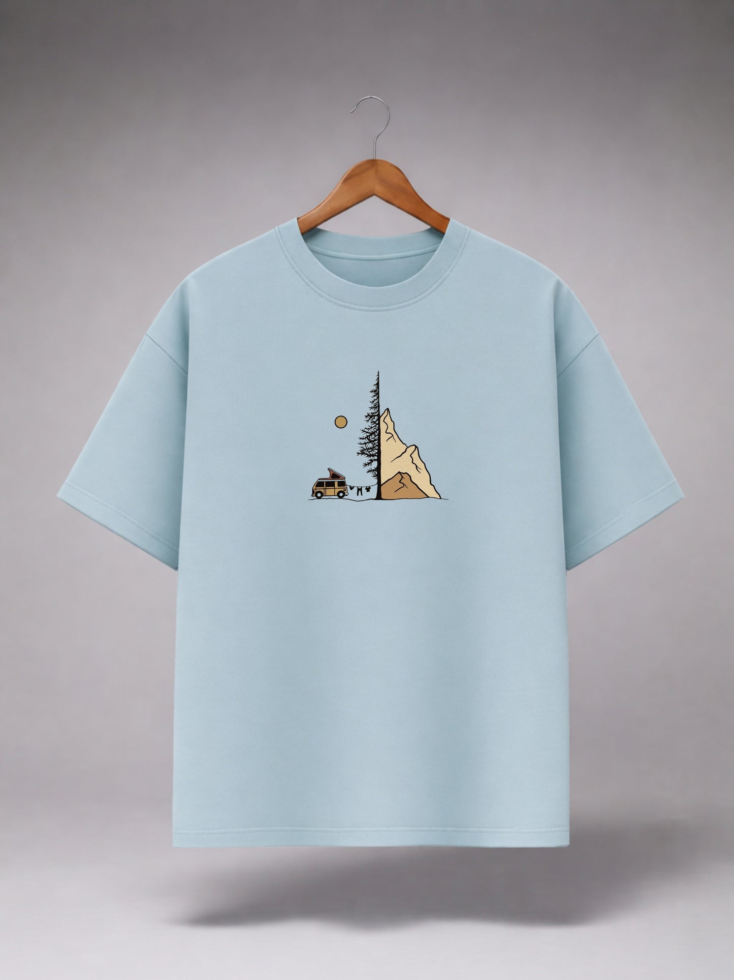 Light Blue Oversized Camping Adventure Graphic T-Shirt for Men & Women | Minimal Mountain Print Premium Unisex Tee