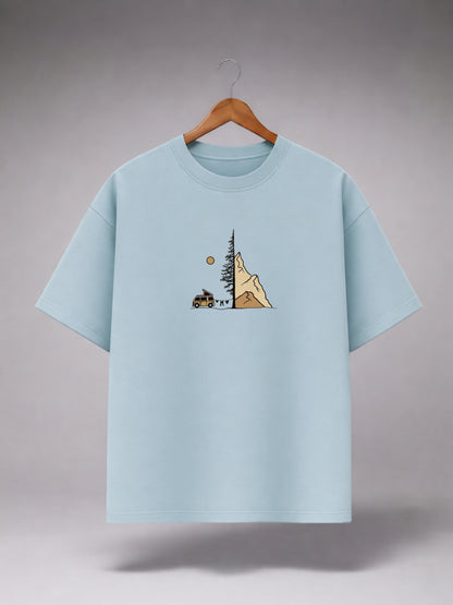 Light Blue Oversized Camping Adventure Graphic T-Shirt for Men & Women | Minimal Mountain Print Premium Unisex Tee
