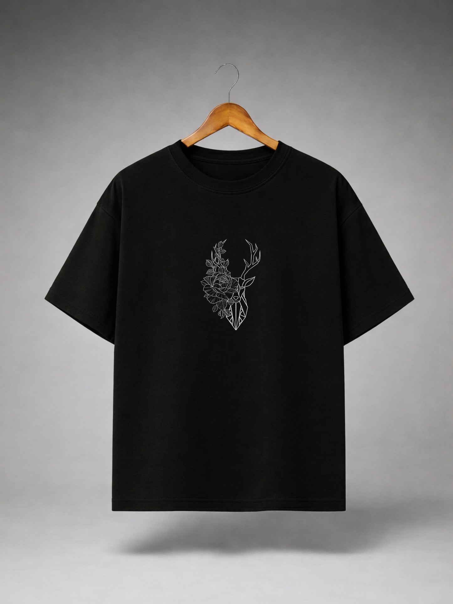 Black Oversized Deer Floral Graphic T-Shirt for Men & Women | Minimal Botanical Unisex Streetwear Tee