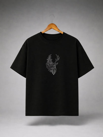 Black Oversized Deer Floral Graphic T-Shirt for Men & Women | Minimal Botanical Unisex Streetwear Tee