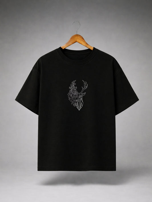 Black Oversized Deer Floral Graphic T-Shirt for Men & Women | Minimal Botanical Unisex Streetwear Tee