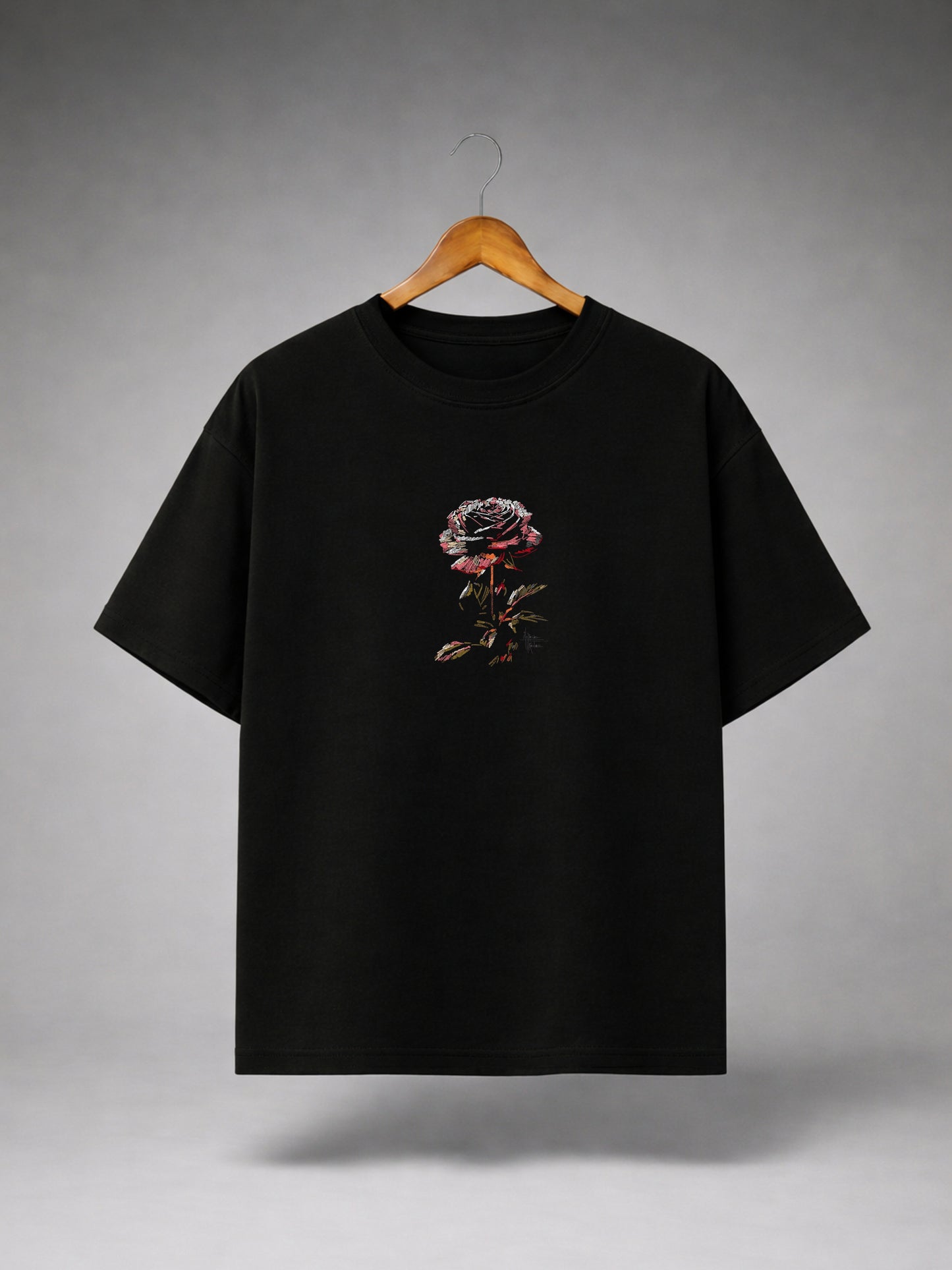 Black Oversized Rose Graphic T-Shirt for Men & Women | Minimal Floral Print Premium Unisex Tee