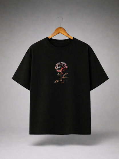 Black Oversized Rose Graphic T-Shirt for Men & Women | Minimal Floral Print Premium Unisex Tee