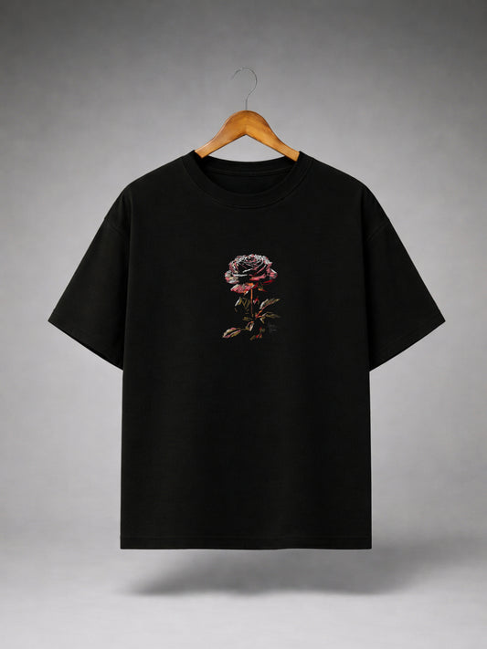Black Oversized Rose Graphic T-Shirt for Men & Women | Minimal Floral Print Premium Unisex Tee