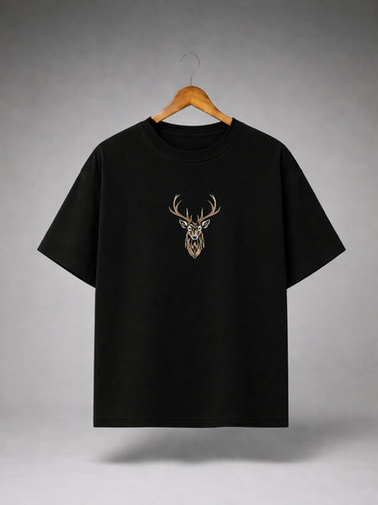 Black Oversized Stag Graphic T-Shirt for Men & Women | Minimal Deer Head Print Premium Unisex Tee
