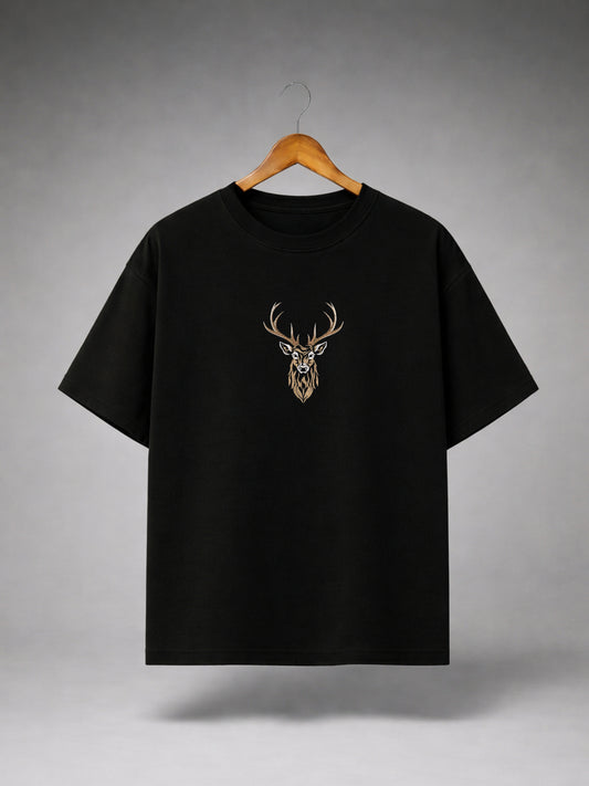 Black Oversized Stag Graphic T-Shirt for Men & Women | Minimal Deer Head Print Premium Unisex Tee