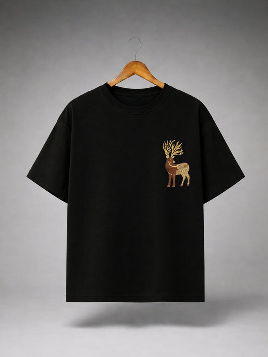 Black Oversized Deer Graphic T-Shirt for Men & Women | Premium Minimal Wildlife Printed Unisex Tee