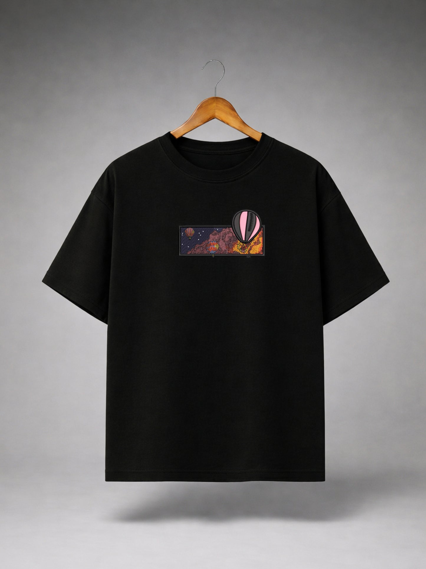 Black Oversized Hot Air Balloon Graphic T-Shirt for Men & Women | Premium Aesthetic Adventure Printed Unisex Tee