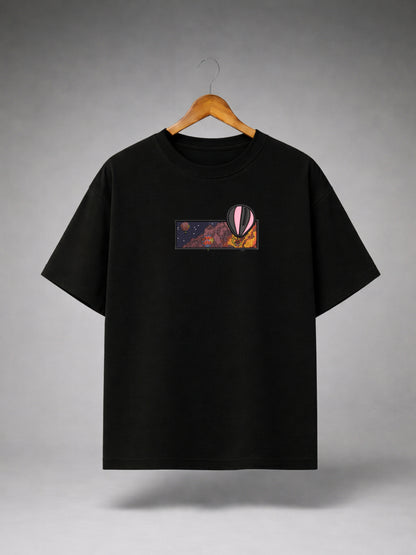 Black Oversized Hot Air Balloon Graphic T-Shirt for Men & Women | Premium Aesthetic Adventure Printed Unisex Tee