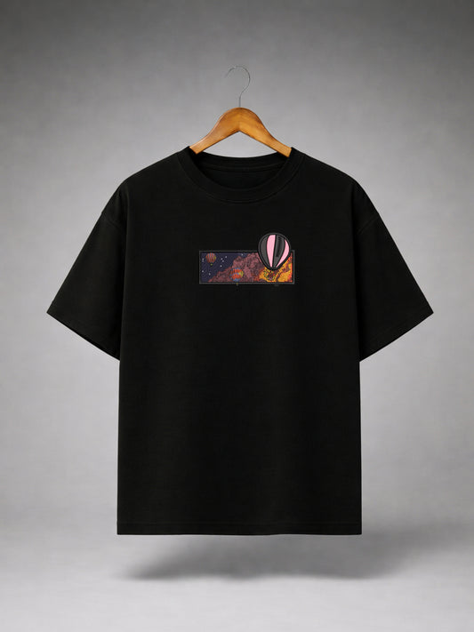 Black Oversized Hot Air Balloon Graphic T-Shirt for Men & Women | Premium Aesthetic Adventure Printed Unisex Tee